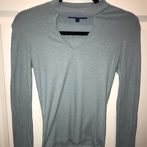 Blue Ribbed Long Sleeve Top Keyhole Opening